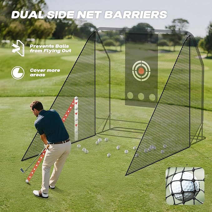 MR Golf Hitting Net 10’x10’ with Side Barriers, Extra Large Golf Practice Net with Ball Return System, Golf Simulator