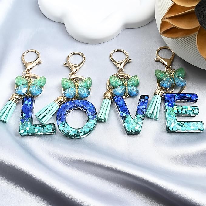 JINGUAZI Initial letter Keychains for Women Tassel Butterfly Pink Purple Cute Car Keychain for Wallet Backpack bag charm