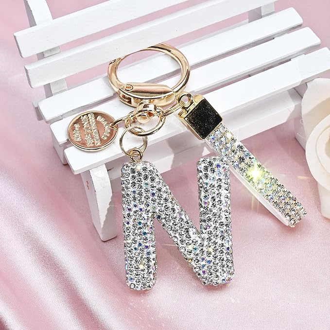 Pink Blue White Initial Letter Keychain Gift for Women Girls Bling Sparkly Cute Backpack Car Key Accessories Lanyard