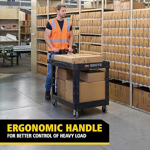 Rubbermaid Commercial Products BRUTE Heavy Duty 2-Shelf Utility/Service Cart, Medium, Lipped Shelves, Ergonomic Handle, 750 lb Capacity, Black, for Warehouse/Garage/Cleaning/Office