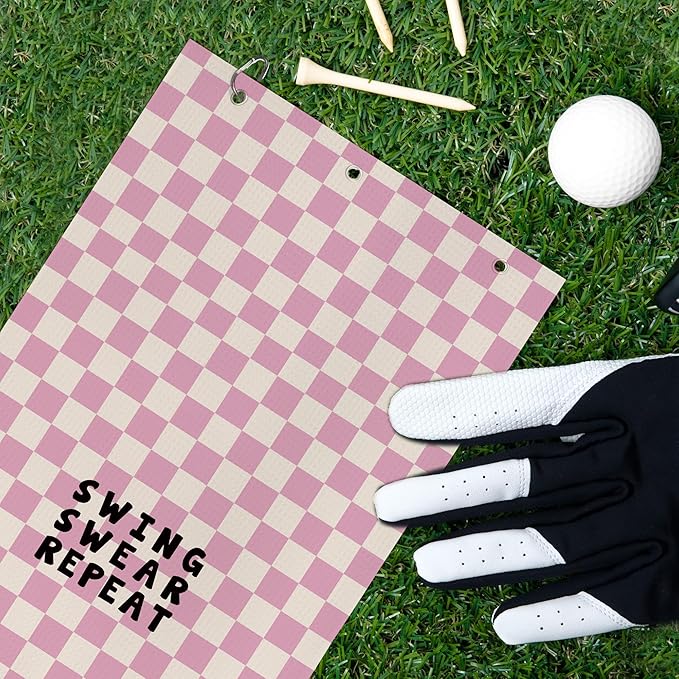 Pink Checkered Golf Towel - Trenndy Modern Sports Club Golf Bag Accessories Towel, Pink Disc Weave Waffle & Ball Towels with Carabiner Clip Gifts for Golfer Women Girls Kids, 16"x24"
