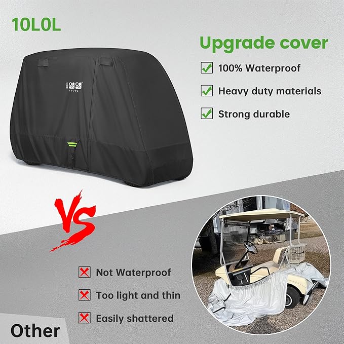 10L0L 2/4/4+2 Passenger Golf Cart Cover Upgrade Extended Roof, 600D Waterproof Snowproof Windproof Sunproof Durable Full Golf Cart Covers for Yamaha,EZGO,Club Car and Other