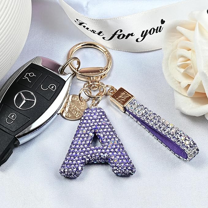Pink Blue White Initial Letter Keychain Gift for Women Girls Bling Sparkly Cute Backpack Car Key Accessories Lanyard