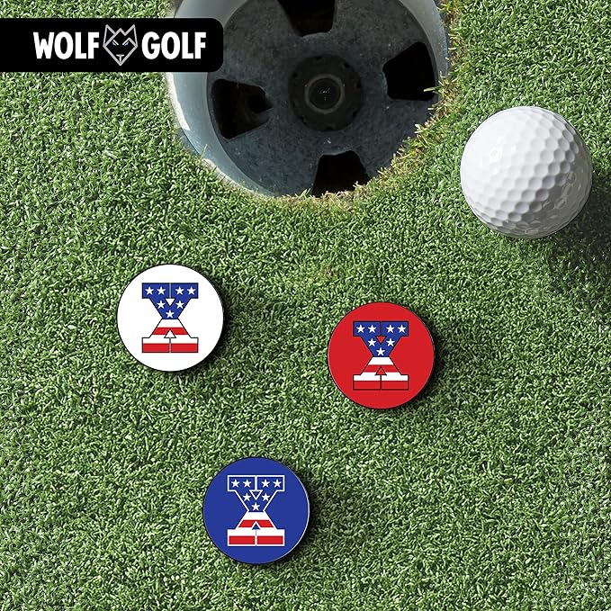 Wolf Golf Towels Golf Ball Marker Hat Clip | USA Monogram | 1 Magnetic Clip + 3 Ball Markers | Patriotic Golf Accessories for Men & Women