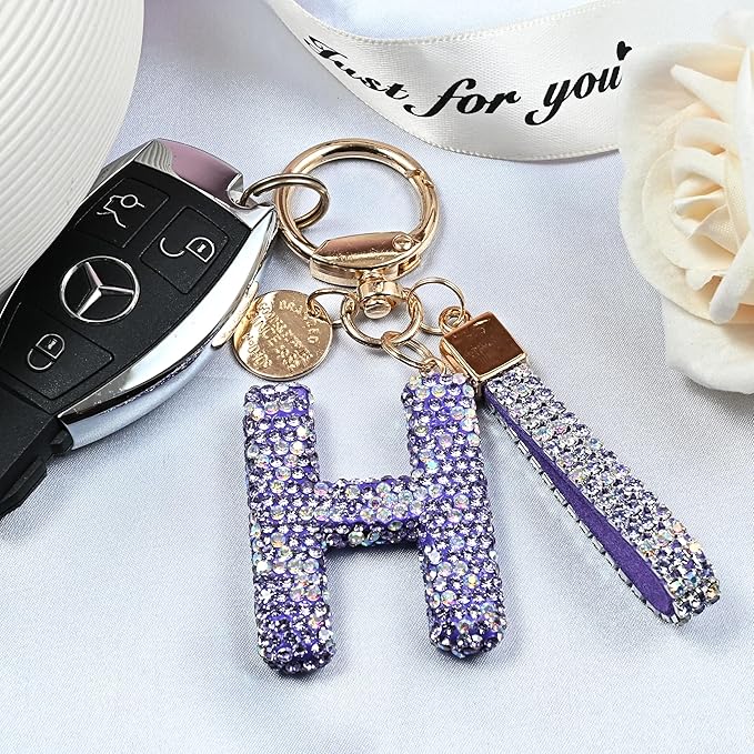 Pink Blue White Initial Letter Keychain Gift for Women Girls Bling Sparkly Cute Backpack Car Key Accessories Lanyard