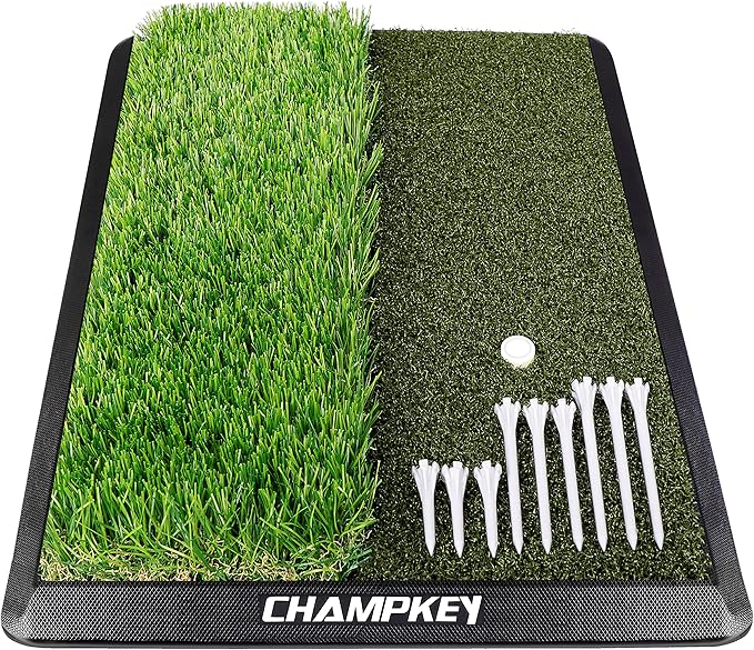CHAMPKEY Dual-Turf Golf Hitting Mat | Come with 9 Golf Tees & 1 Rubber Tee | Heavy Duty Rubber Backing Golf Practice Mat Ideal for Indoor & Outdoor Training