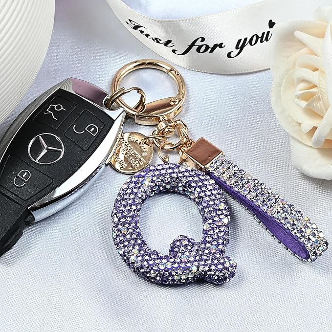 Pink Blue White Initial Letter Keychain Gift for Women Girls Bling Sparkly Cute Backpack Car Key Accessories Lanyard