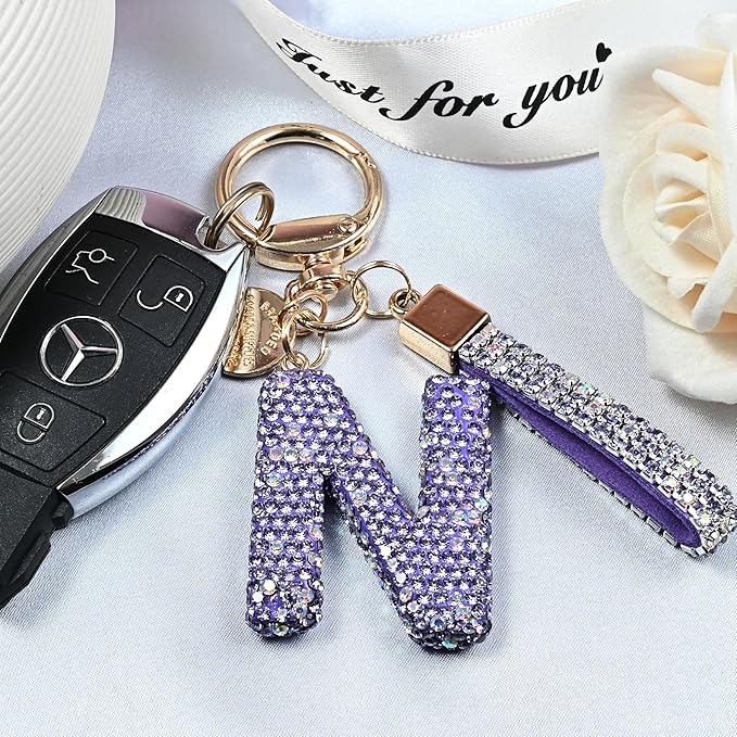 Pink Blue White Initial Letter Keychain Gift for Women Girls Bling Sparkly Cute Backpack Car Key Accessories Lanyard