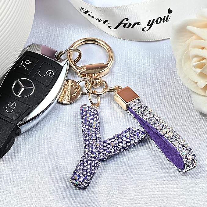 Pink Blue White Initial Letter Keychain Gift for Women Girls Bling Sparkly Cute Backpack Car Key Accessories Lanyard