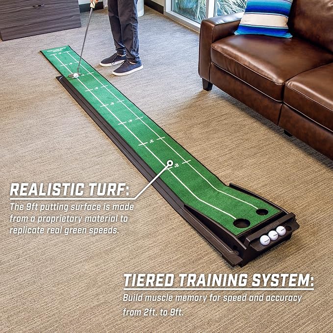 GoSports Pure Putt Golf 9 ft Putting Green Ramp - Black or Brown - Premium Wood Training Aid for Home & Office Putting Practice - Includes 4 Golf Balls
