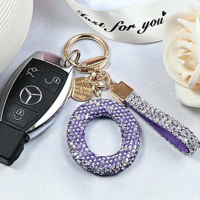 Pink Blue White Initial Letter Keychain Gift for Women Girls Bling Sparkly Cute Backpack Car Key Accessories Lanyard
