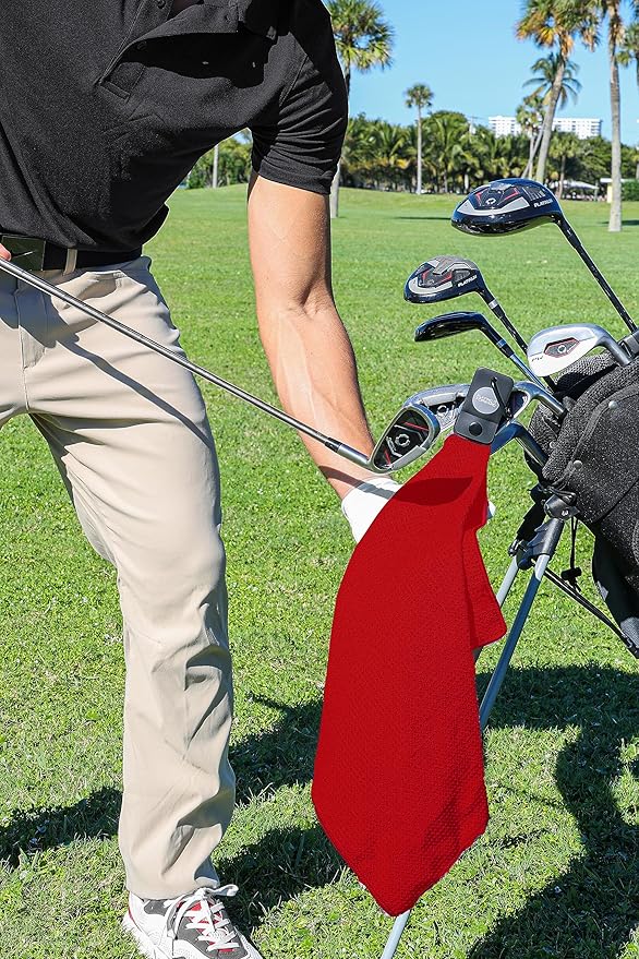 Magnetic Golf Towels for Golf Bags with Clip & Ultra Strong Magnet - Waffle Weave Microfiber Towel for Secure Hold on Bags & Carts - Ideal Club Cleaner & Accessories - Red