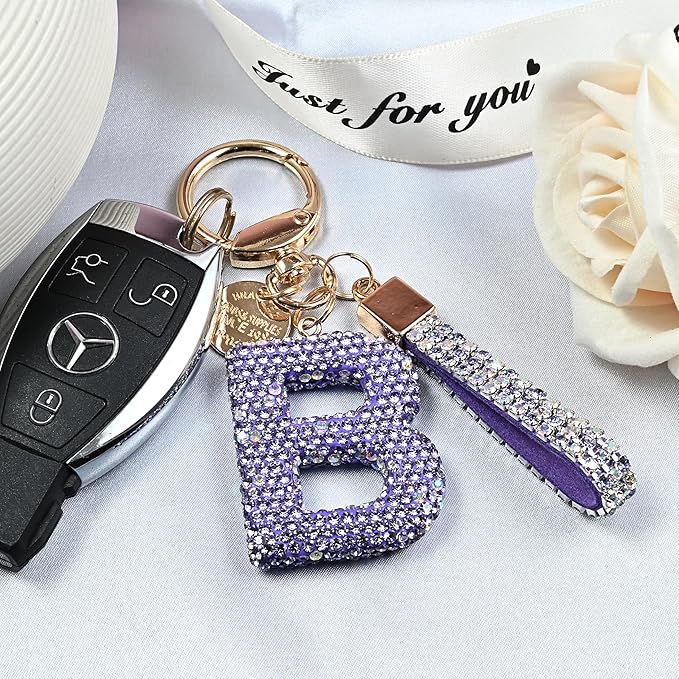 Pink Blue White Initial Letter Keychain Gift for Women Girls Bling Sparkly Cute Backpack Car Key Accessories Lanyard