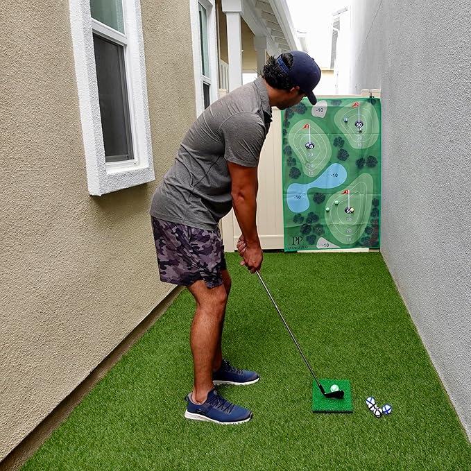 Sticky Golf Chipping Game Set - 6x6 ft Metal Frame Option with Adjustable Clubs, 25 Sticky Balls, Turf Chipping Mat & Scoreboard - Backyard Golf Target Game for All Ages for Indoor/Outdoor Practice