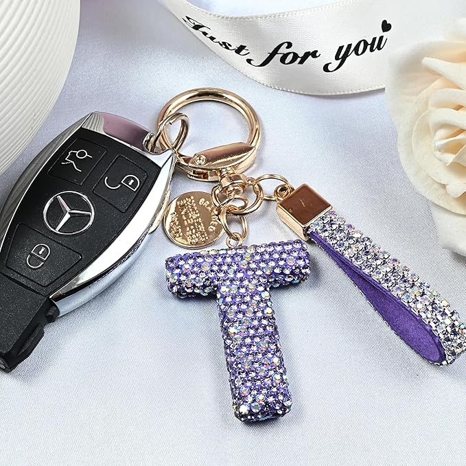 Pink Blue White Initial Letter Keychain Gift for Women Girls Bling Sparkly Cute Backpack Car Key Accessories Lanyard