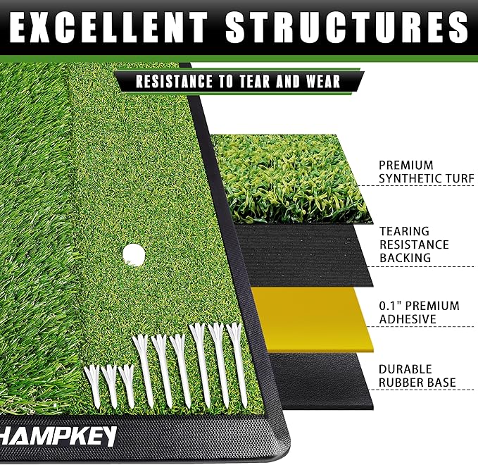 CHAMPKEY Dual-Turf Golf Hitting Mat | Come with 9 Golf Tees & 1 Rubber Tee | Heavy Duty Rubber Backing Golf Practice Mat Ideal for Indoor & Outdoor Training