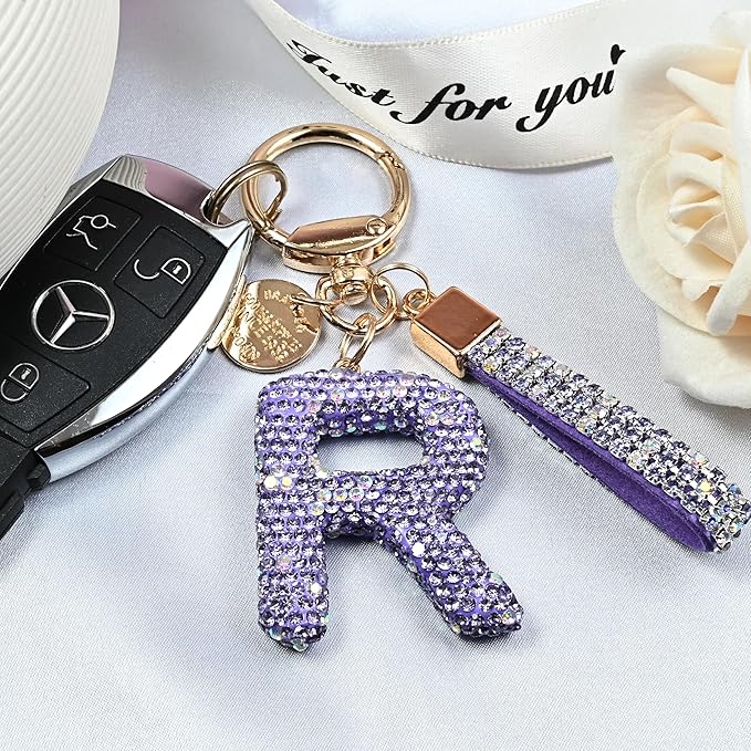 Pink Blue White Initial Letter Keychain Gift for Women Girls Bling Sparkly Cute Backpack Car Key Accessories Lanyard