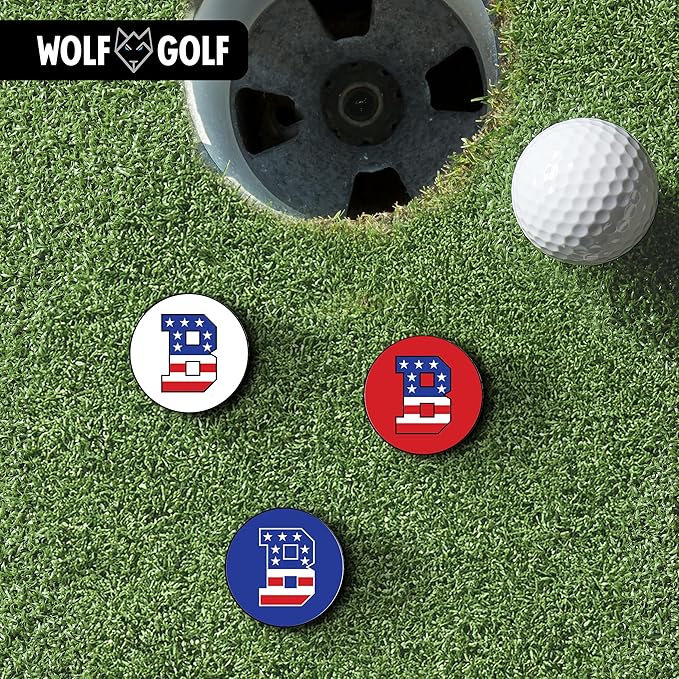 Wolf Golf Towels Golf Ball Marker Hat Clip | USA Monogram | 1 Magnetic Clip + 3 Ball Markers | Patriotic Golf Accessories for Men & Women