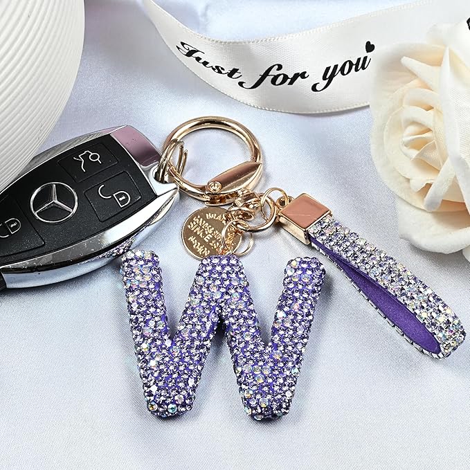 Pink Blue White Initial Letter Keychain Gift for Women Girls Bling Sparkly Cute Backpack Car Key Accessories Lanyard