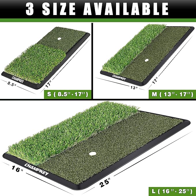 CHAMPKEY Dual-Turf Golf Hitting Mat | Come with 9 Golf Tees & 1 Rubber Tee | Heavy Duty Rubber Backing Golf Practice Mat Ideal for Indoor & Outdoor Training