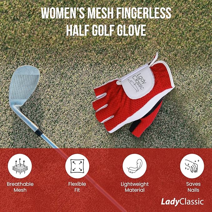 Mesh Half Golf Glove for Women – Premium Cabretta Leather Palm, Breathable Mesh Back, Half-Finger Design Ladies Golf Glove for Enhanced Grip & Comfort