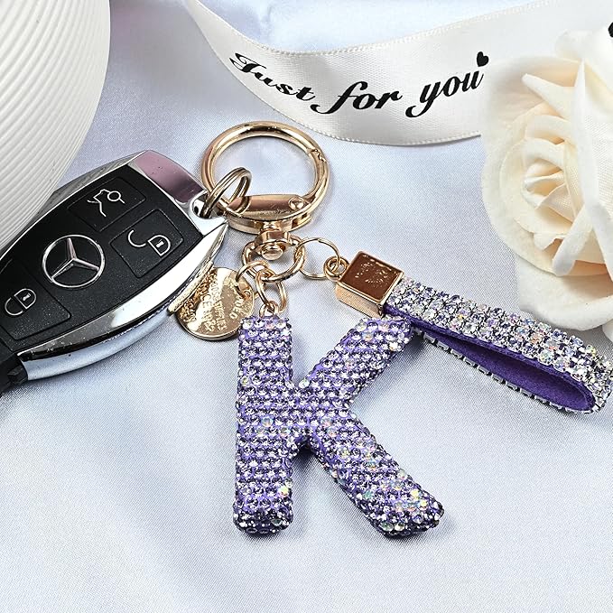 Pink Blue White Initial Letter Keychain Gift for Women Girls Bling Sparkly Cute Backpack Car Key Accessories Lanyard