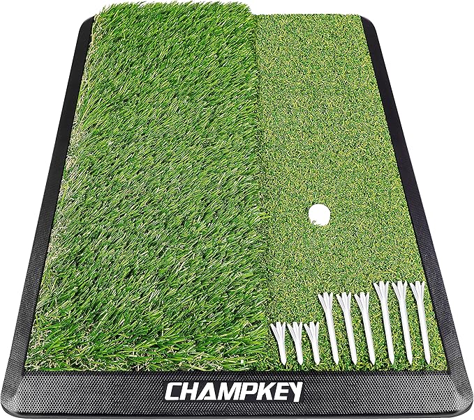 CHAMPKEY Dual-Turf Golf Hitting Mat | Come with 9 Golf Tees & 1 Rubber Tee | Heavy Duty Rubber Backing Golf Practice Mat Ideal for Indoor & Outdoor Training