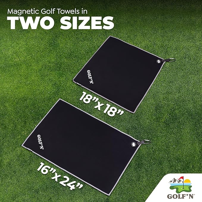 Golf'N Microfiber Towel - Magnetic Golf Towel Black 16" x 24" Golf Towels for Golf Bags with N52 Heavy Duty Magnets, Carabiner Clip & Cross Stitched Reinforced Loop, Premium Golf Accessories