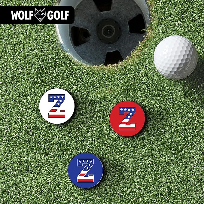 Wolf Golf Towels Golf Ball Marker Hat Clip | USA Monogram | 1 Magnetic Clip + 3 Ball Markers | Patriotic Golf Accessories for Men & Women