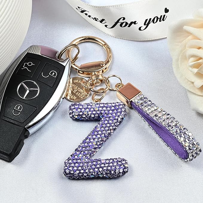 Pink Blue White Initial Letter Keychain Gift for Women Girls Bling Sparkly Cute Backpack Car Key Accessories Lanyard