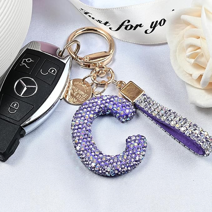 Pink Blue White Initial Letter Keychain Gift for Women Girls Bling Sparkly Cute Backpack Car Key Accessories Lanyard