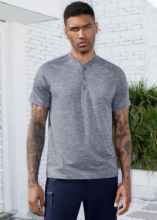 TAPULCO Mens Collarless Golf Shirts Short Sleeve Dry Fit Stretch Casual Breathable Lightweight Tshirts