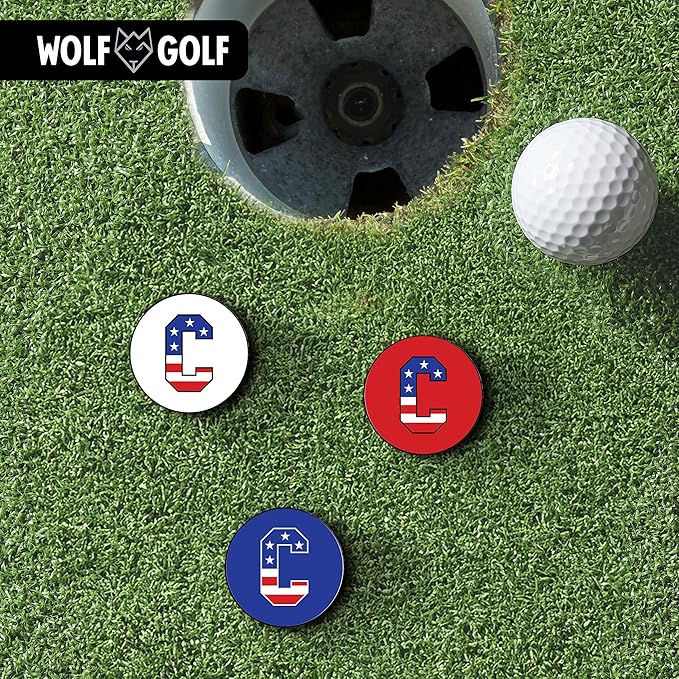 Wolf Golf Towels Golf Ball Marker Hat Clip | USA Monogram | 1 Magnetic Clip + 3 Ball Markers | Patriotic Golf Accessories for Men & Women