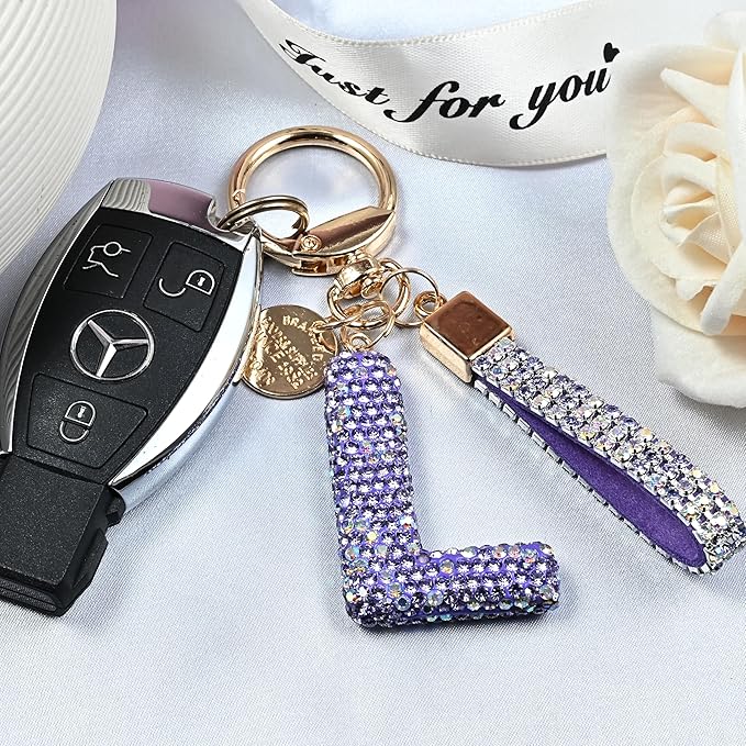 Pink Blue White Initial Letter Keychain Gift for Women Girls Bling Sparkly Cute Backpack Car Key Accessories Lanyard