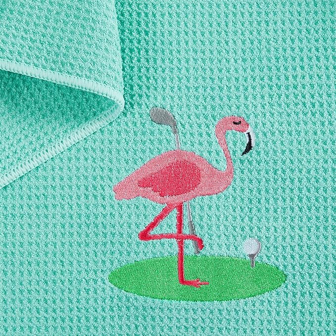 Embroidered Golf Towel Set – Custom Towels for Golf Bags & Carts – Golf Accessories & Gifts for Kids, Men, & Women – Microfiber Waffle and Ball Towels – Flamingo Design - 2-Pack