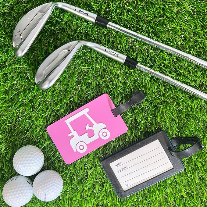 Golf Bag Tag – Golf Cart Magenta Design, Flexible & Waterproof Silicone Luggage Tag, Secure Strap for Bag Identification, Great Golf Gift for Players & Enthusiasts