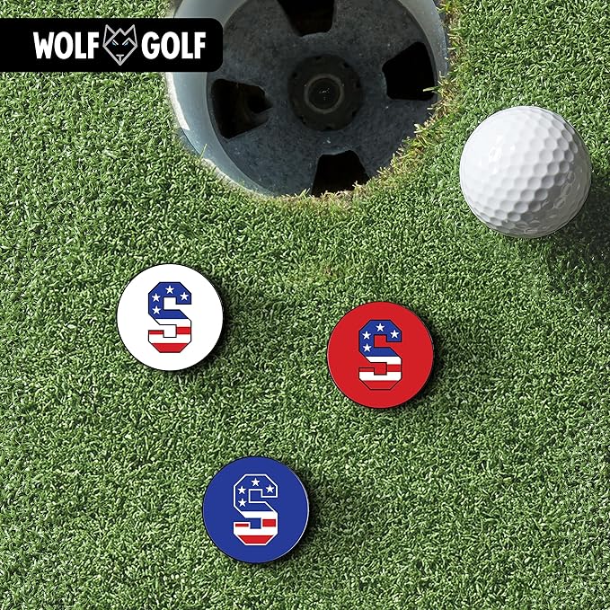 Wolf Golf Towels Golf Ball Marker Hat Clip | USA Monogram | 1 Magnetic Clip + 3 Ball Markers | Patriotic Golf Accessories for Men & Women