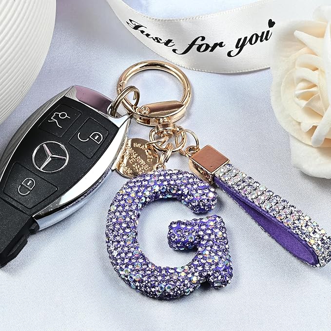 Pink Blue White Initial Letter Keychain Gift for Women Girls Bling Sparkly Cute Backpack Car Key Accessories Lanyard
