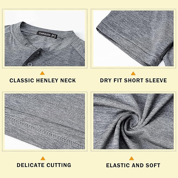 TAPULCO Mens Collarless Golf Shirts Short Sleeve Dry Fit Stretch Casual Breathable Lightweight Tshirts
