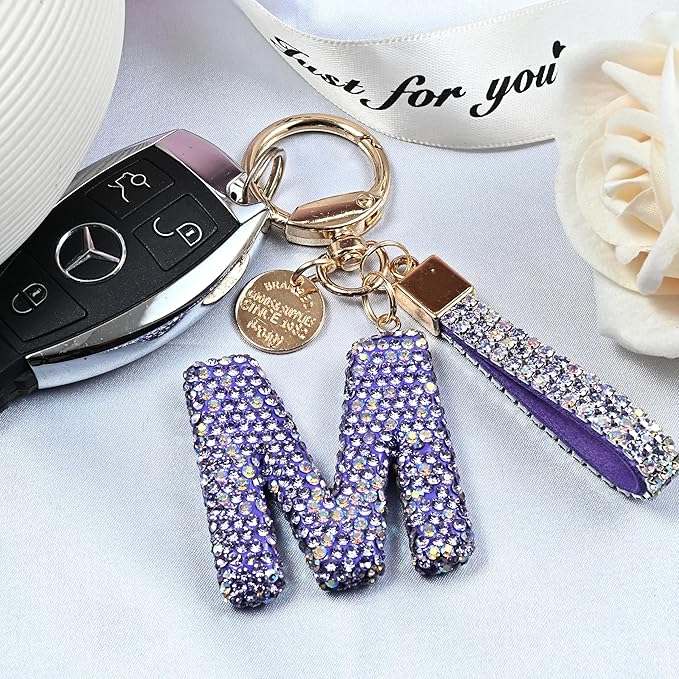 Pink Blue White Initial Letter Keychain Gift for Women Girls Bling Sparkly Cute Backpack Car Key Accessories Lanyard