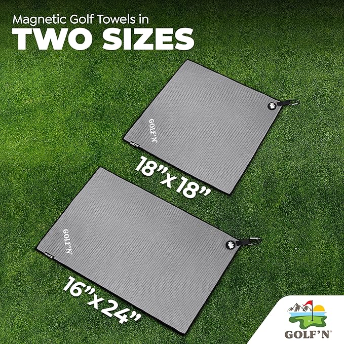 Golf'N Microfiber Towel - Magnetic Golf Towel Dark Gray 16" x 24" Golf Towels for Golf Bags with N52 Heavy Duty Magnets, Carabiner Clip & Cross Stitched Reinforced Loop, Premium Golf Accessories