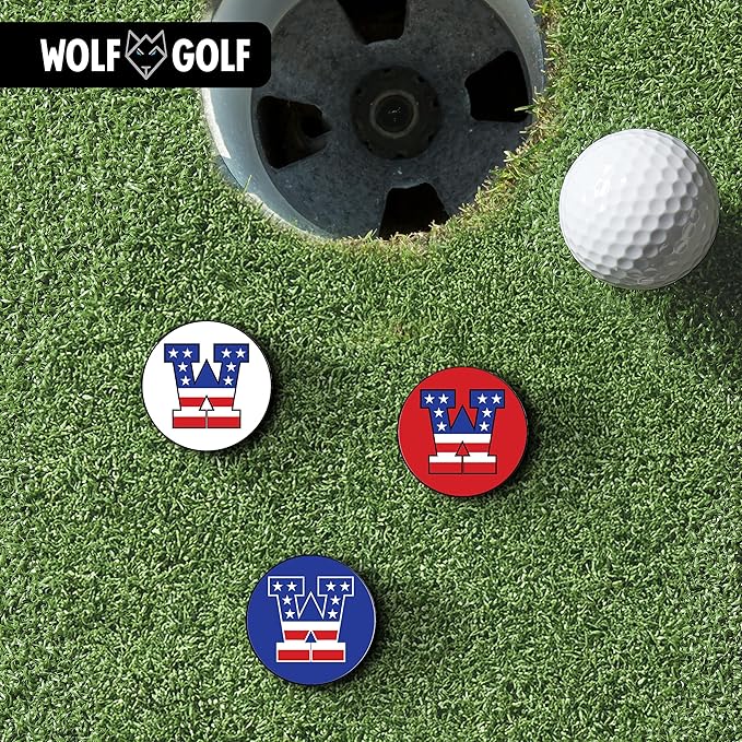 Wolf Golf Towels Golf Ball Marker Hat Clip | USA Monogram | 1 Magnetic Clip + 3 Ball Markers | Patriotic Golf Accessories for Men & Women