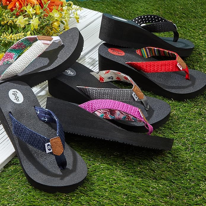 Floopi High Heel Wedge Sandals for Women-Comfort Yoga Mat Footbed for Support, Flip Flop Thong Platforms for Summer