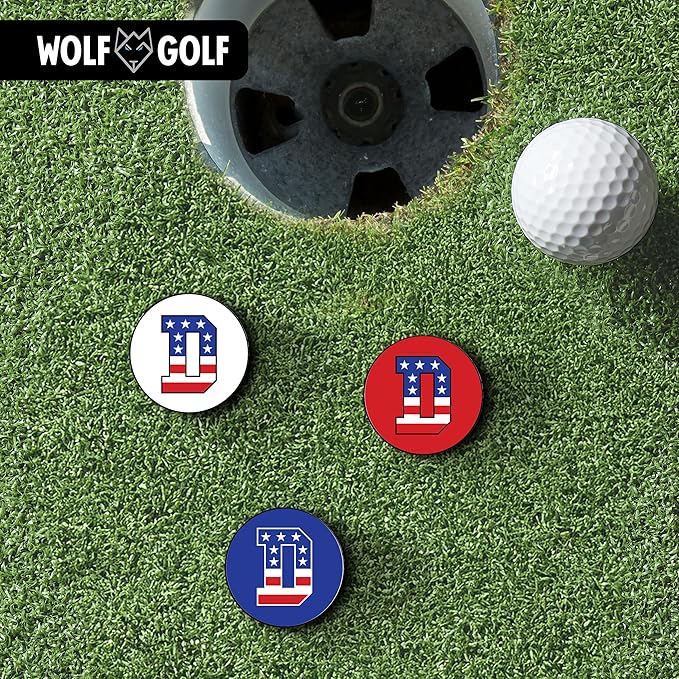 Wolf Golf Towels Golf Ball Marker Hat Clip | USA Monogram | 1 Magnetic Clip + 3 Ball Markers | Patriotic Golf Accessories for Men & Women