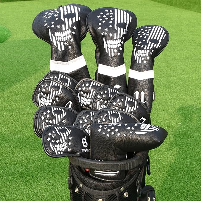mytag Skull Skeleton Golf Head Covers Black Synthetic Leather Golf Headcovers Set Fits Driver Fairway Wood Hybrid/Utility Putter Iron Wedge Headcover