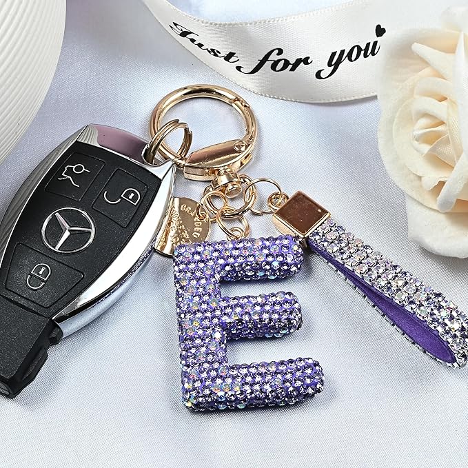 Pink Blue White Initial Letter Keychain Gift for Women Girls Bling Sparkly Cute Backpack Car Key Accessories Lanyard
