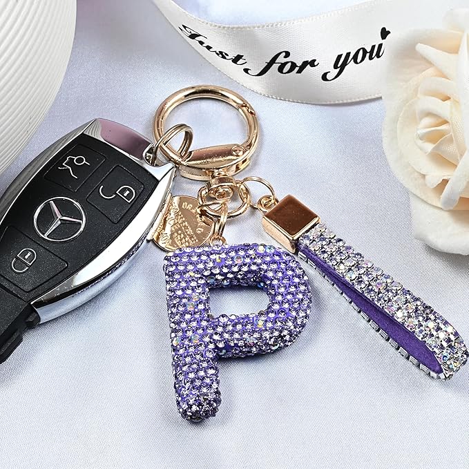 Pink Blue White Initial Letter Keychain Gift for Women Girls Bling Sparkly Cute Backpack Car Key Accessories Lanyard