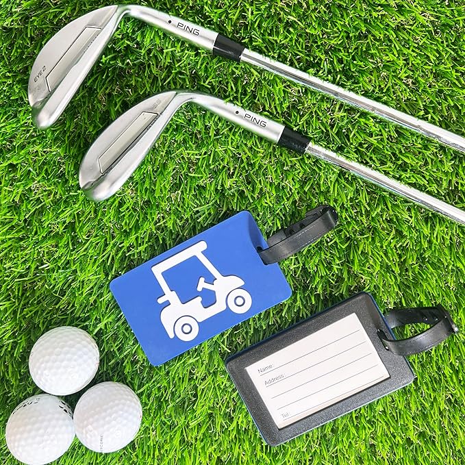 Golf Bag Tag – Golf Cart Blue Design, Flexible & Waterproof Silicone Luggage Tag, Secure Strap for Bag Identification, Great Golf Gift for Players & Enthusiasts