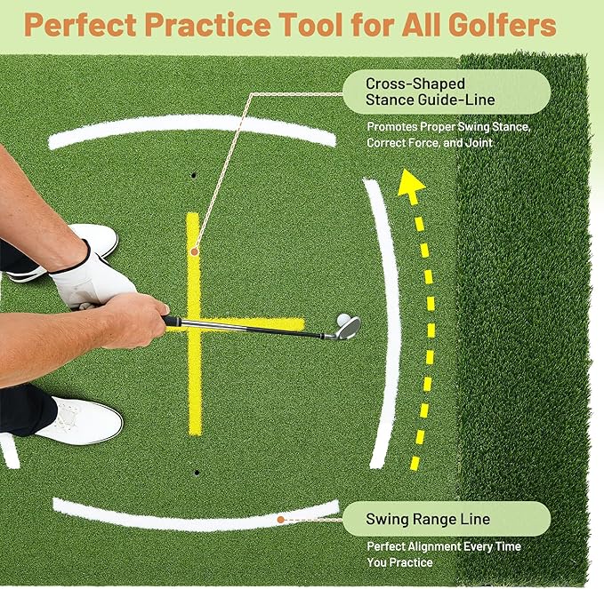 Dual Turf Golf Mat 5 * 4FT,Golf Hitting Mats Practice Outdoor/Indoor for Training Chipping Driving Swing with Standing Guide-Line & Swing Path Line,High-Density Artificial Turf Matt